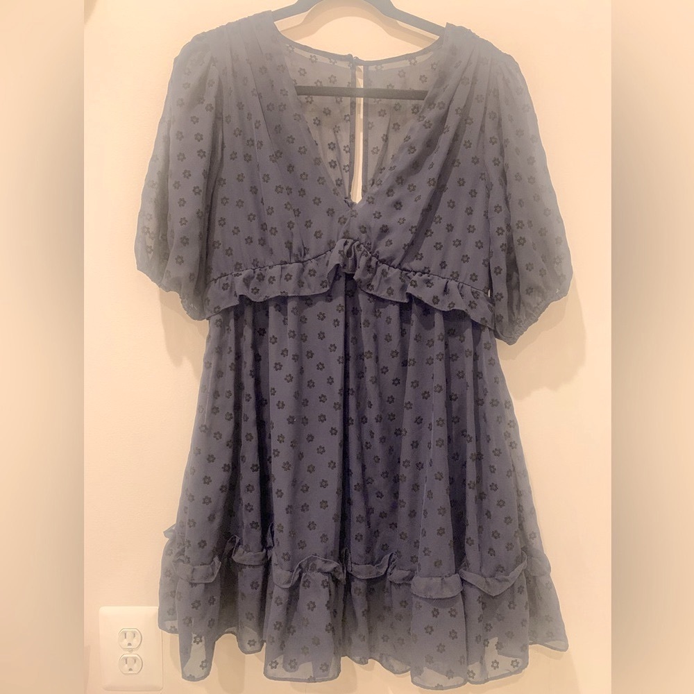 Puff-sleeve Babydoll Dress with Velvet Floral Design (B Darlin)